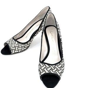 Caparros Womens Black Gold Woven Peep Toe Kitten 3.5" Heel Pumps Size 8.5 B